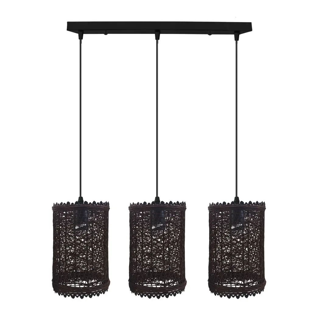 LEDSONE 3 Head Rectangle Base Natural Wicker Rattan Ceiling Pendant Light Shade - Pendant Lights