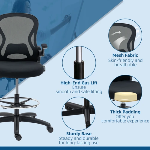 Vinsetto Vinsetto Draughtsman Chair Tall Office Chair w/ Adjustable Footrest Ring Black - Office Chair