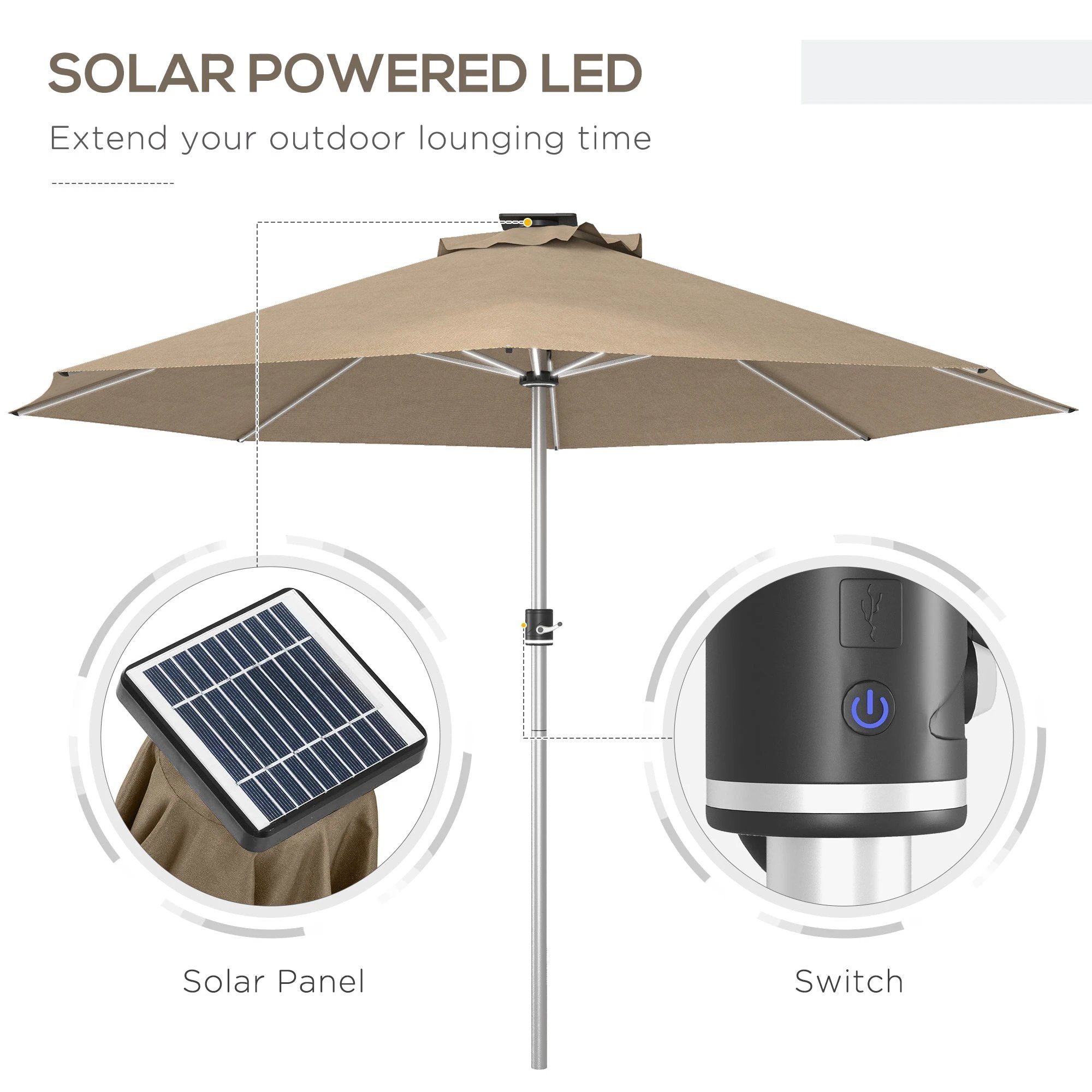 Outsunny Solar Patio Garden Parasol with Lights for Outdoor, Khaki by Outsunny