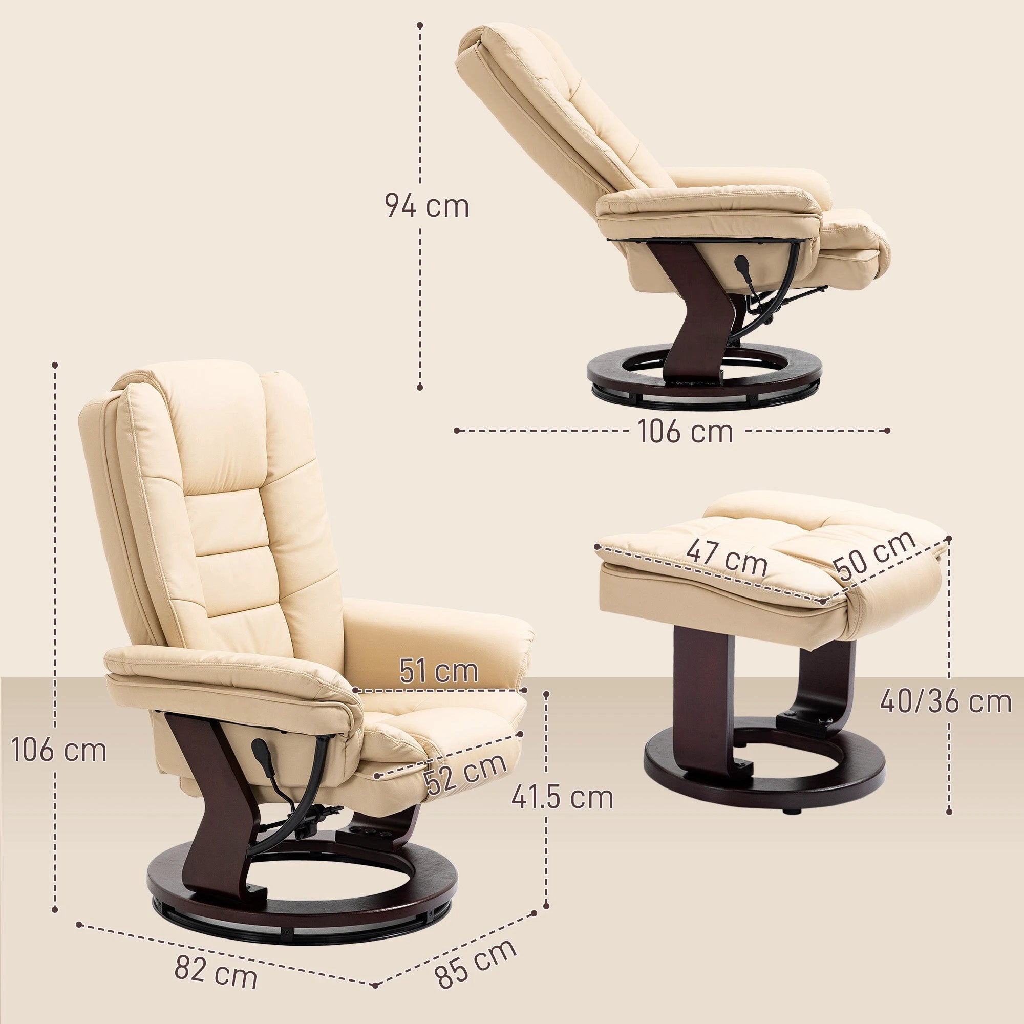 HOMCOM HOMCOM Swivel Manual Recliner and Footrest Set PU Leather Lounge Chair Beige - Recliner