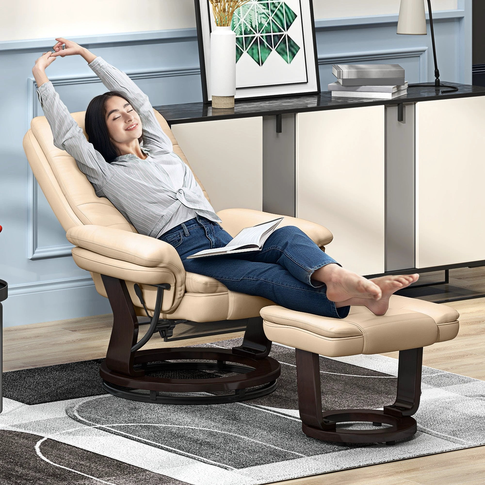 HOMCOM HOMCOM Swivel Manual Recliner and Footrest Set PU Leather Lounge Chair Beige - Recliner