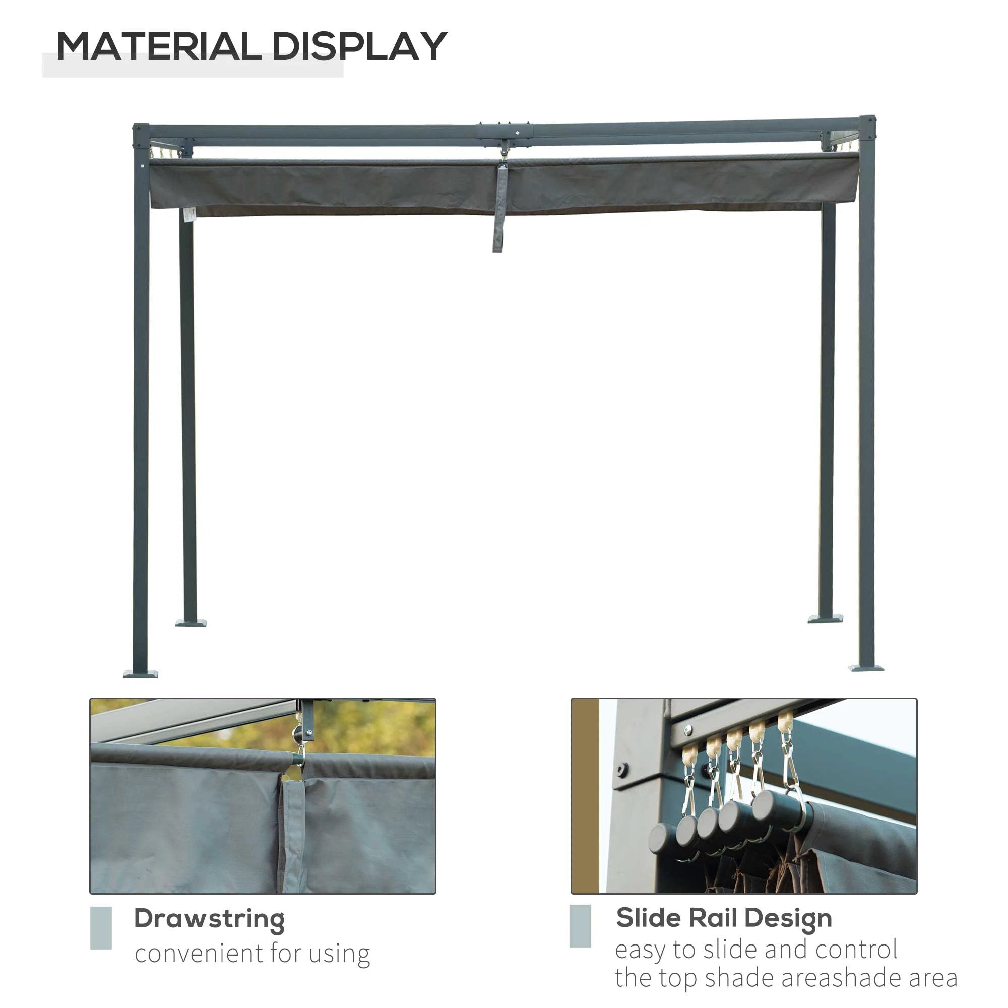 Outsunny Metal Pergola Gazebo Patio Sun Shelter Grape Tent Retractable Canopy Grey - Gazebos