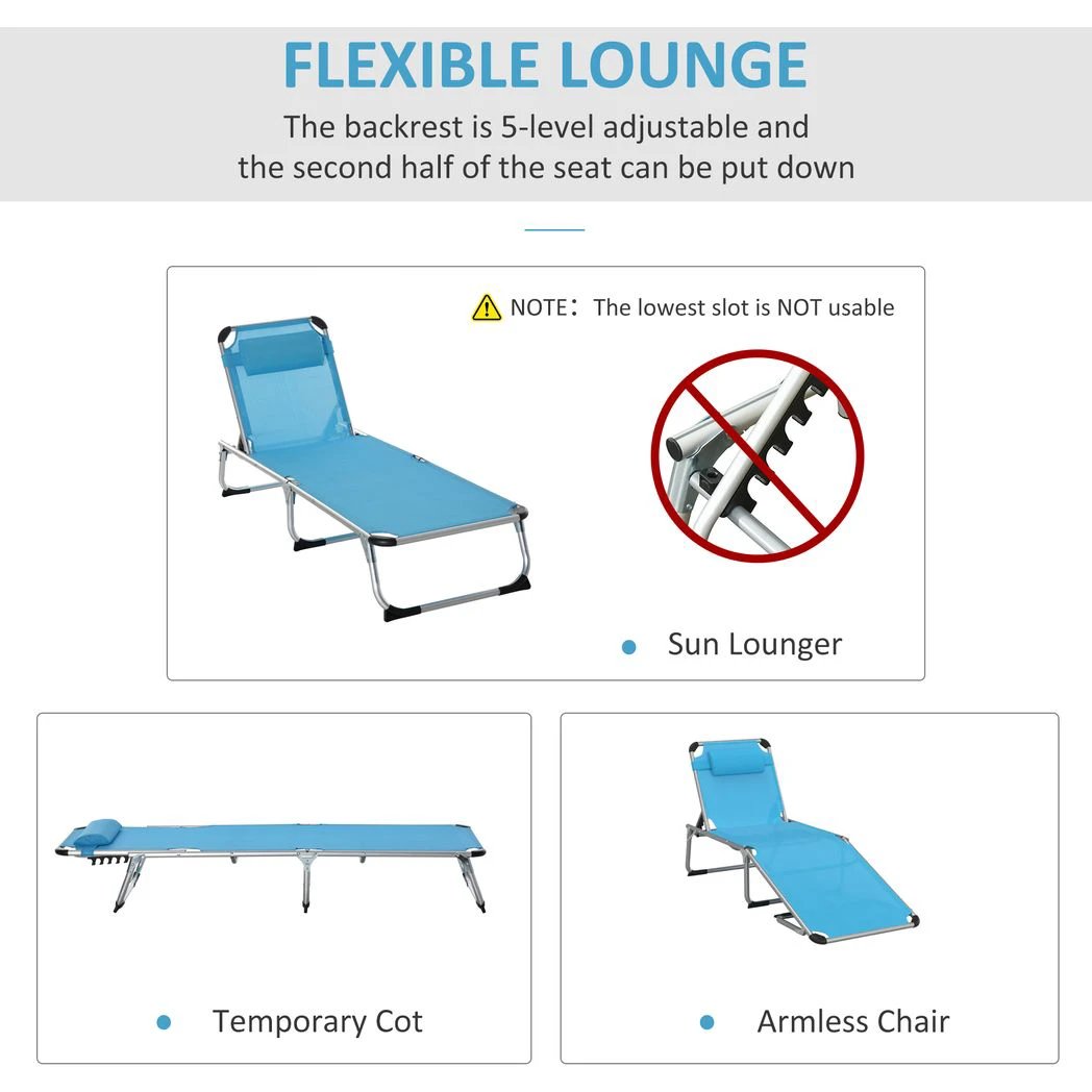 Outsunny Foldable Reclining Sun Lounger Lounge Chair Camping Bed Cot with Pillow - Sun Lounger