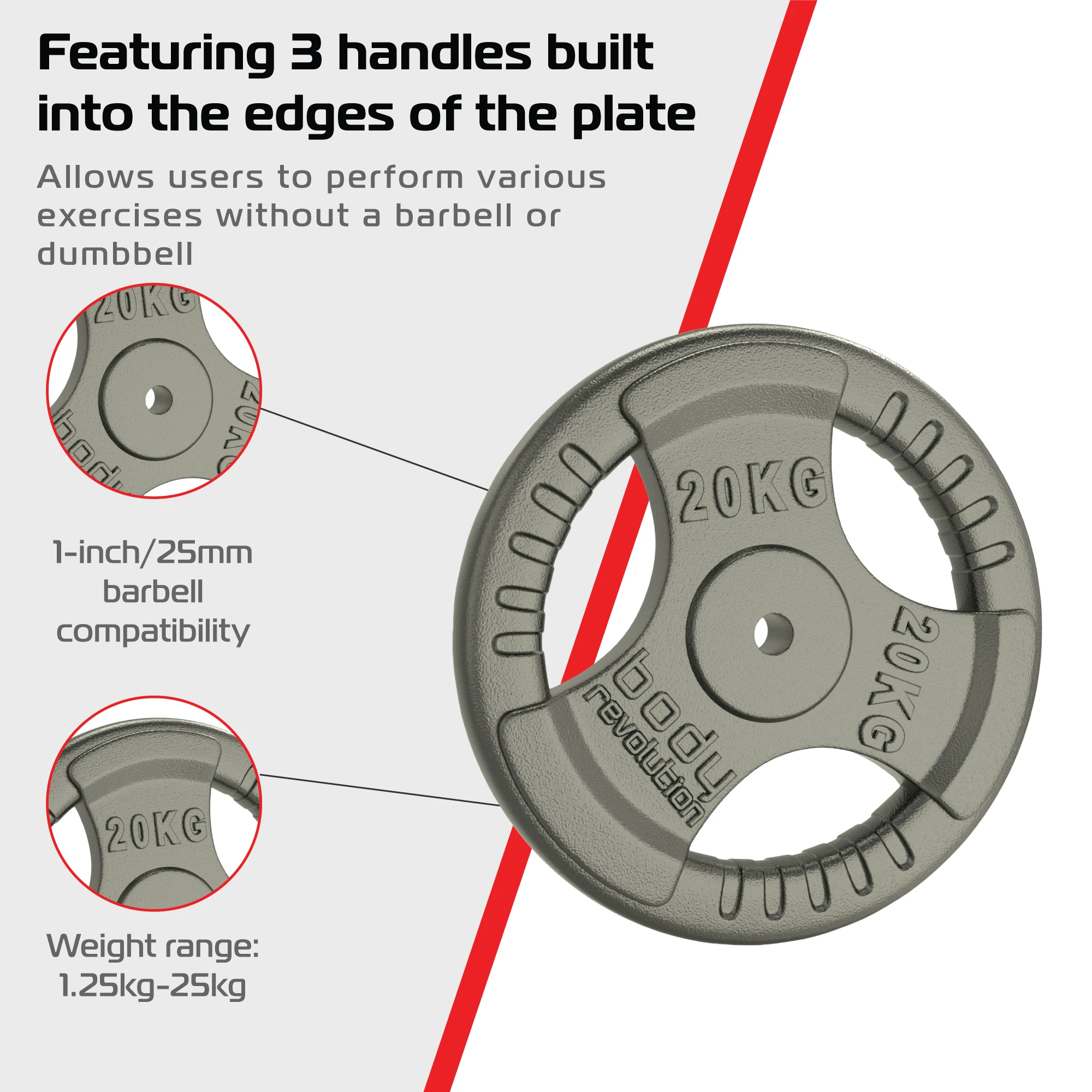 2x 20kg Cast Iron Weight Plates - 1" Standard Tri Grip by Monster Shop