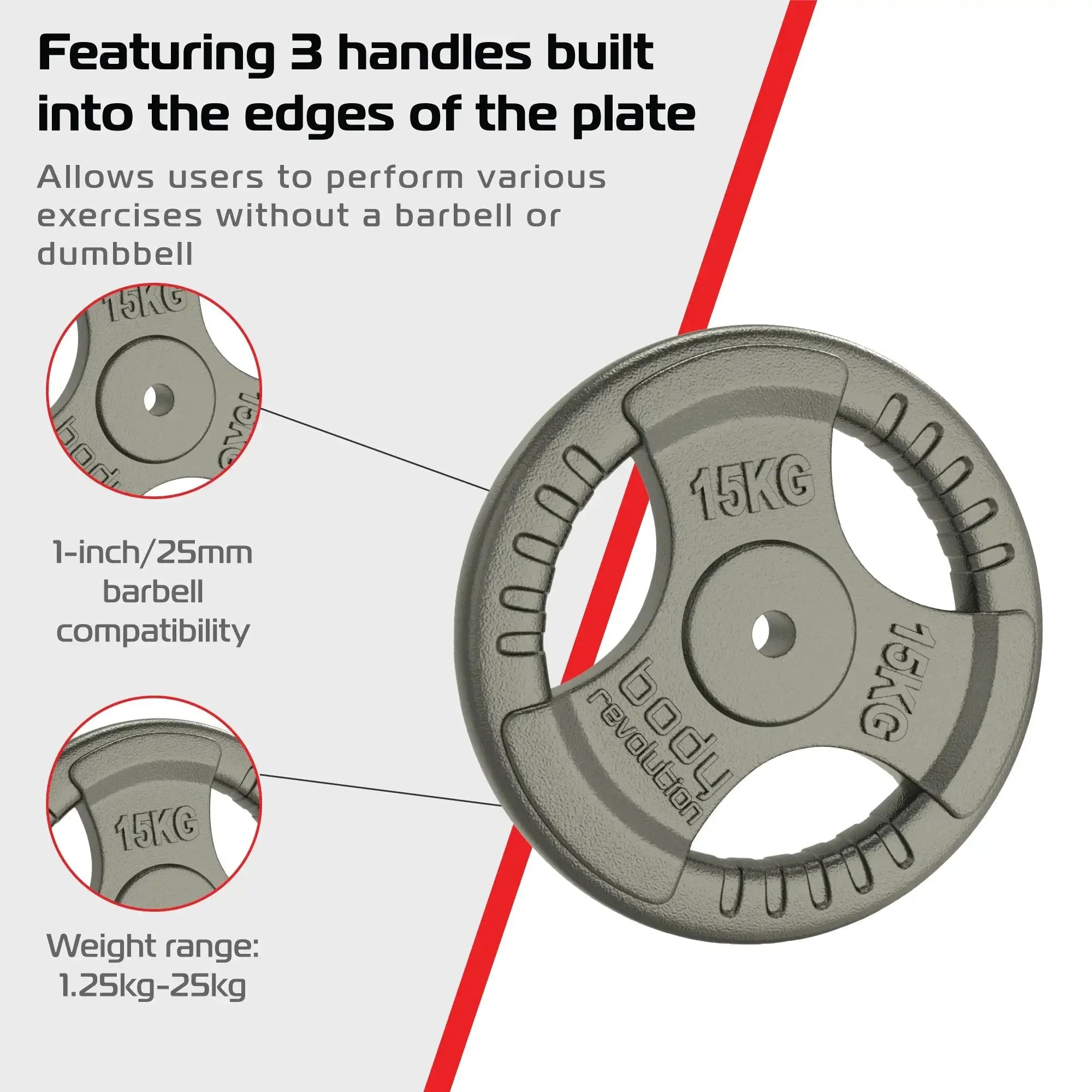 Monster Shop 2x 15kg Cast Iron Weight Plates - 1" Standard Tri Grip -