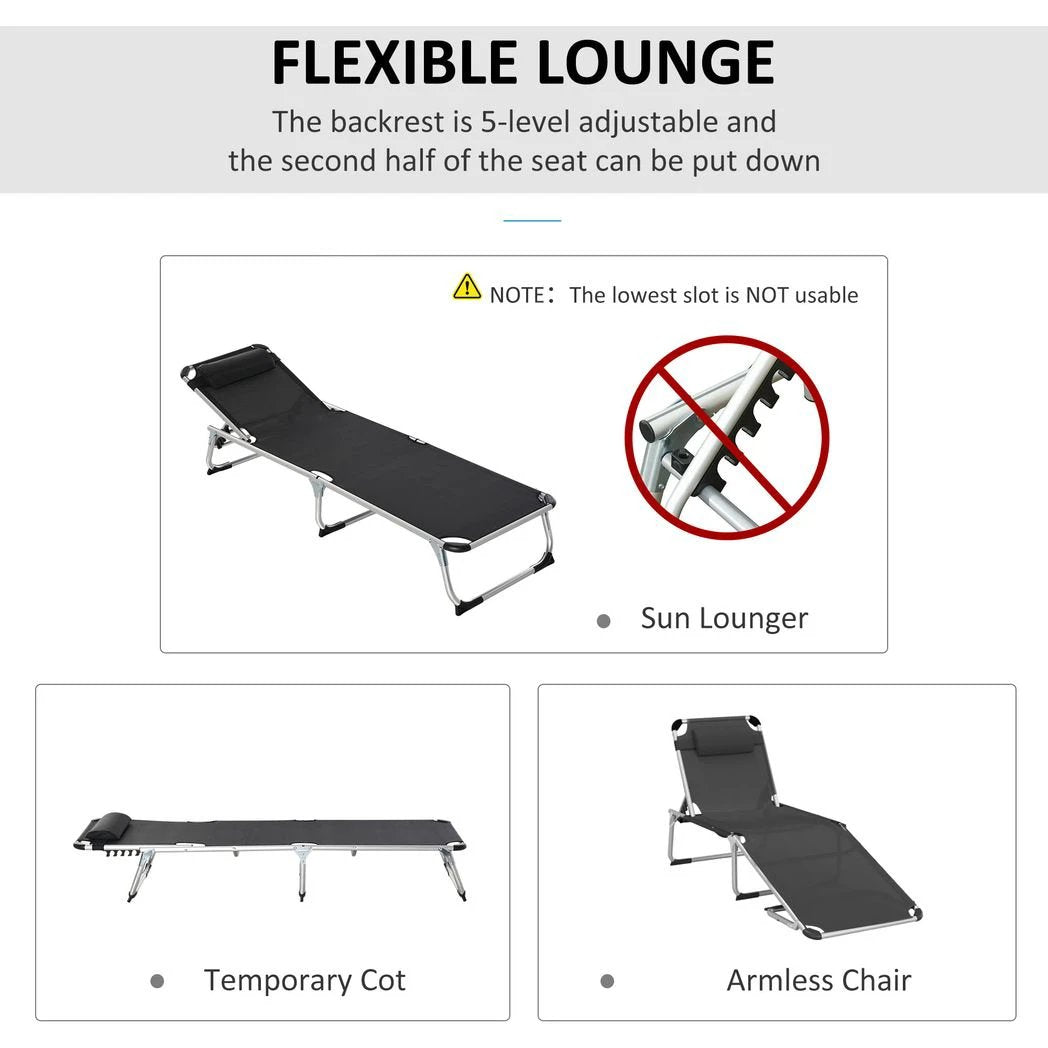 Outsunny Foldable Reclining Sun Lounger Lounge Chair Camping Bed Cot with Pillow - Sun Lounger