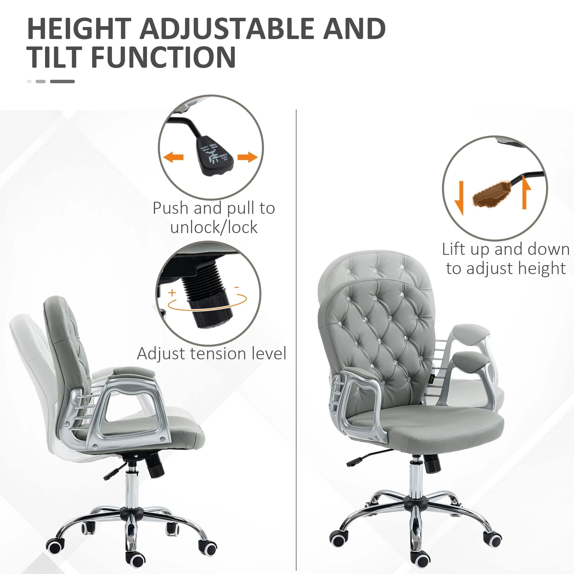 Vinsetto Office Chair PU Diamante Padded Ergonomic 360° Swivel by Vinsetto