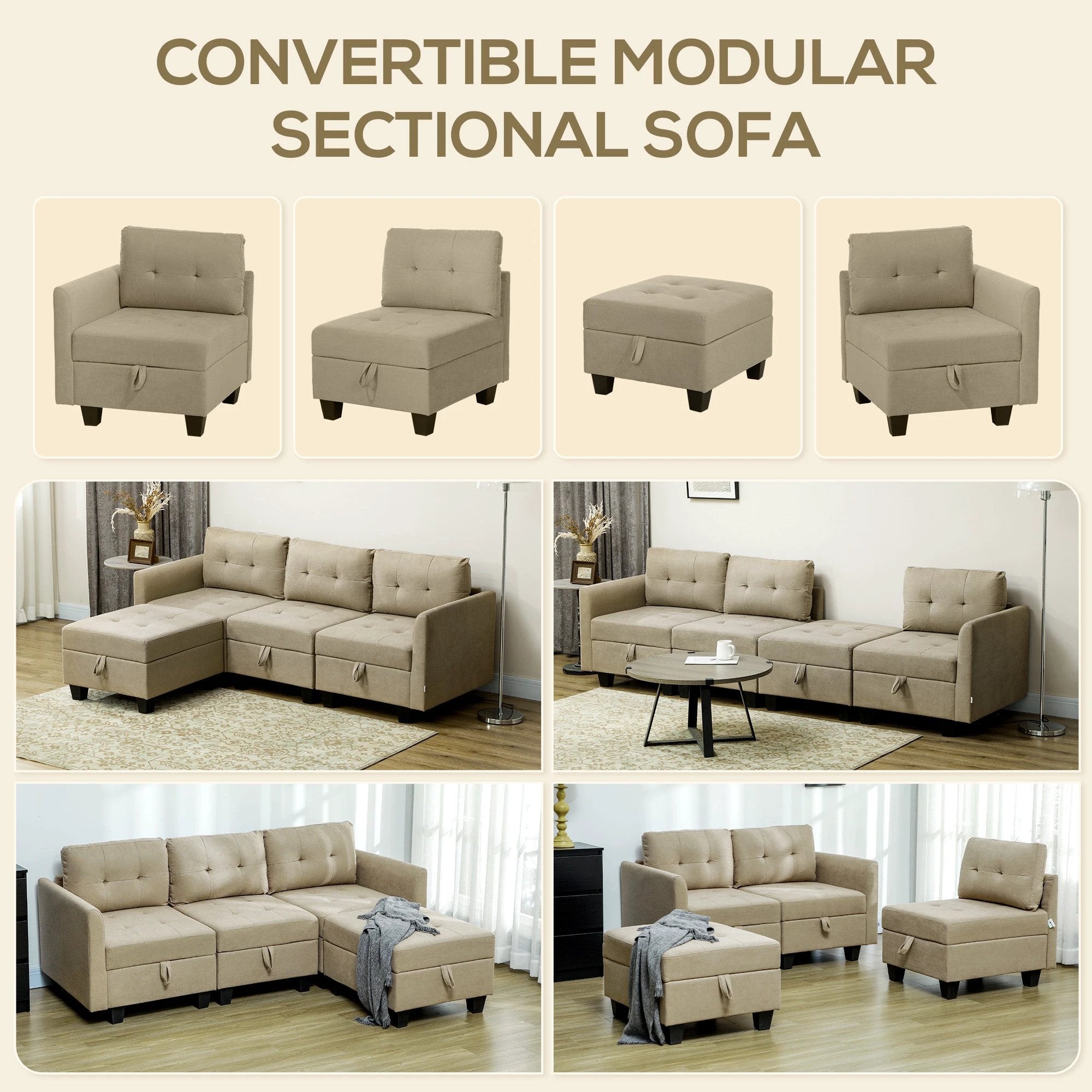 HOMCOM Convertible Modular Sectional Sofa w/ Storage Wood Frame Light Brown by HOMCOM