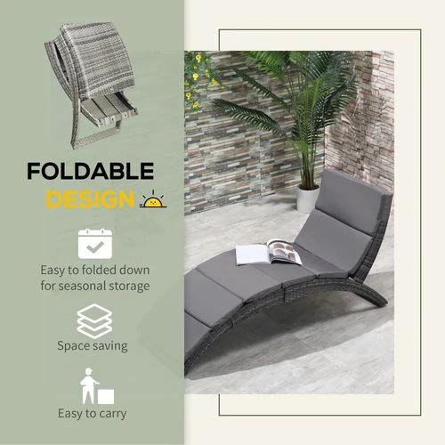 Garden Patio Rattan Wicker Folding Sun Lounger Cushion Grey by Outsunny