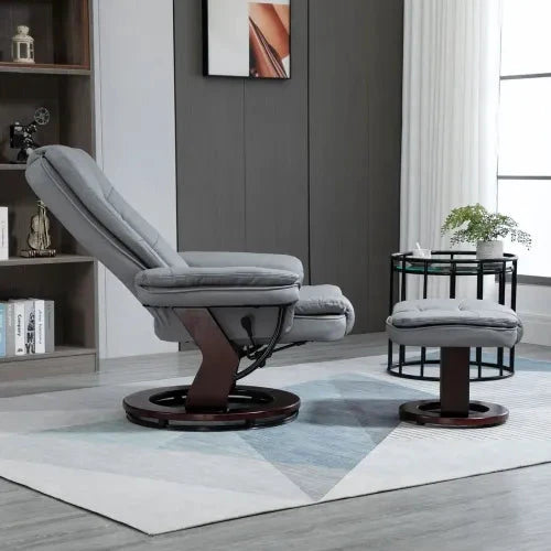 Unbranded Swivel Manual Recliner and Footrest Set PU Lounge Chair Wood Base, Grey - Recliner