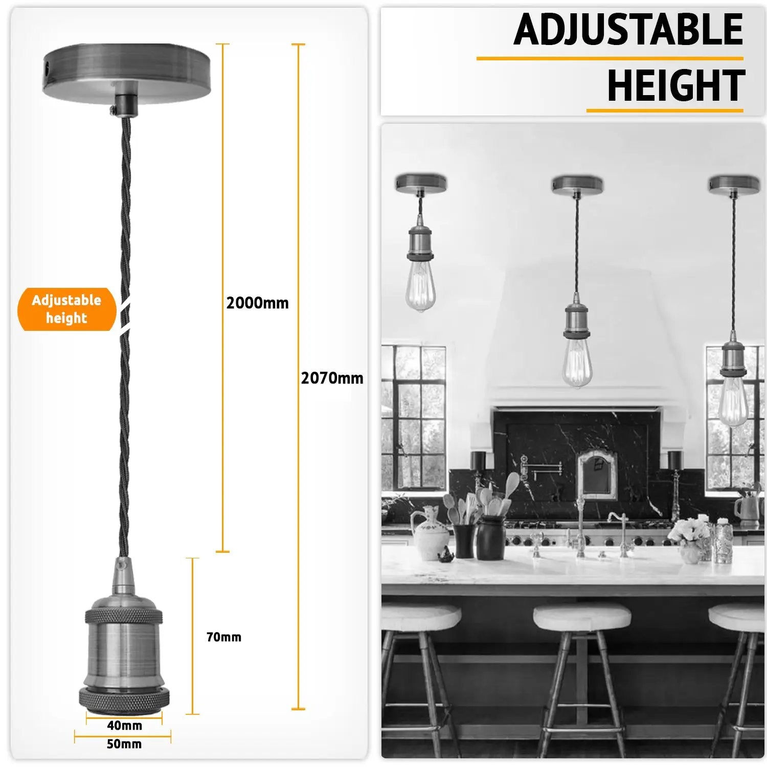 LEDSON 2m Black Twisted Cable Pendant E27 Base Shiny Black Holder~1729 - Pendant Lights