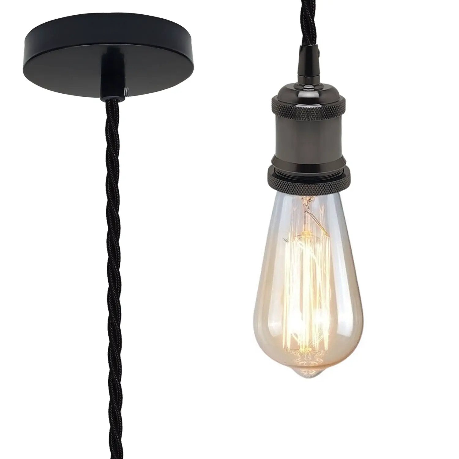 LEDSON 2m Black Twisted Cable Pendant E27 Base Shiny Black Holder~1729 - Pendant Lights