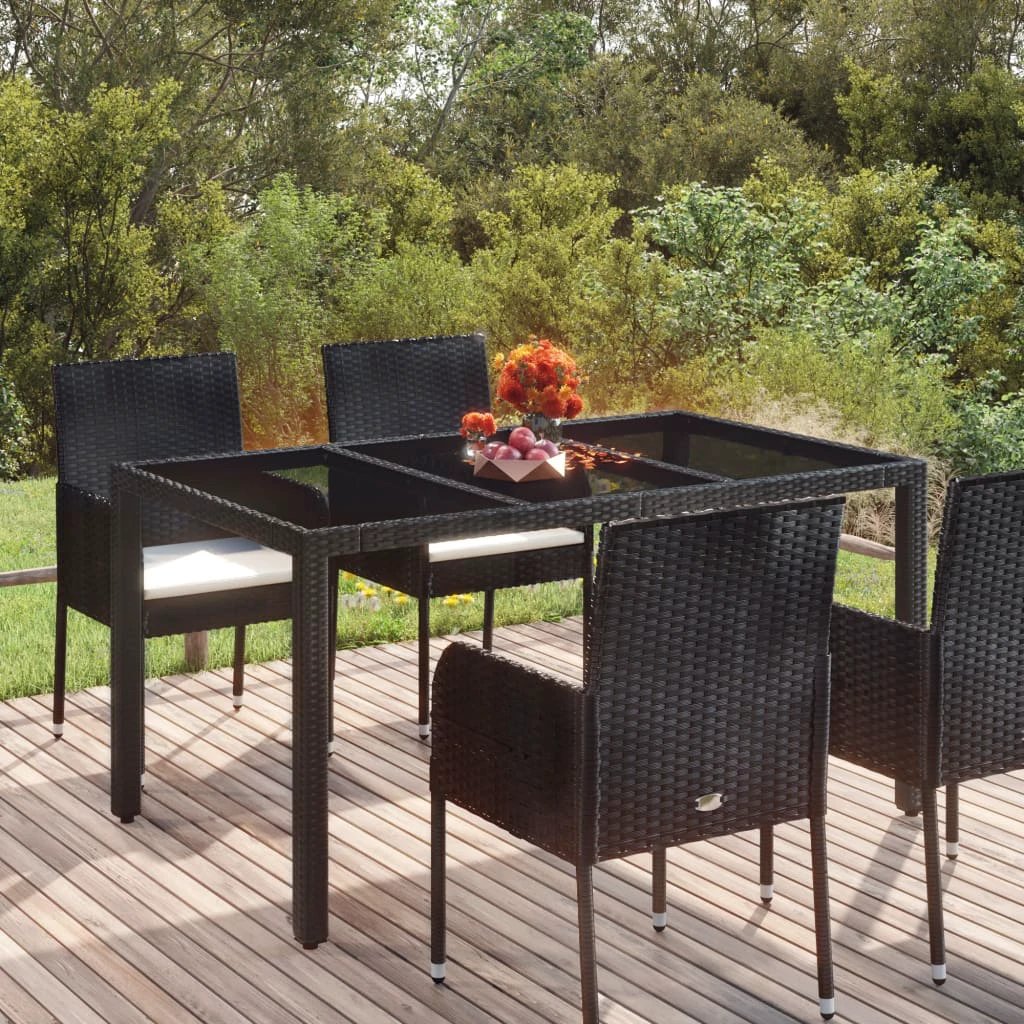 vidaXL Garden Table with Glass Top Black 150x90x75 cm Poly Rattan by vidaXL