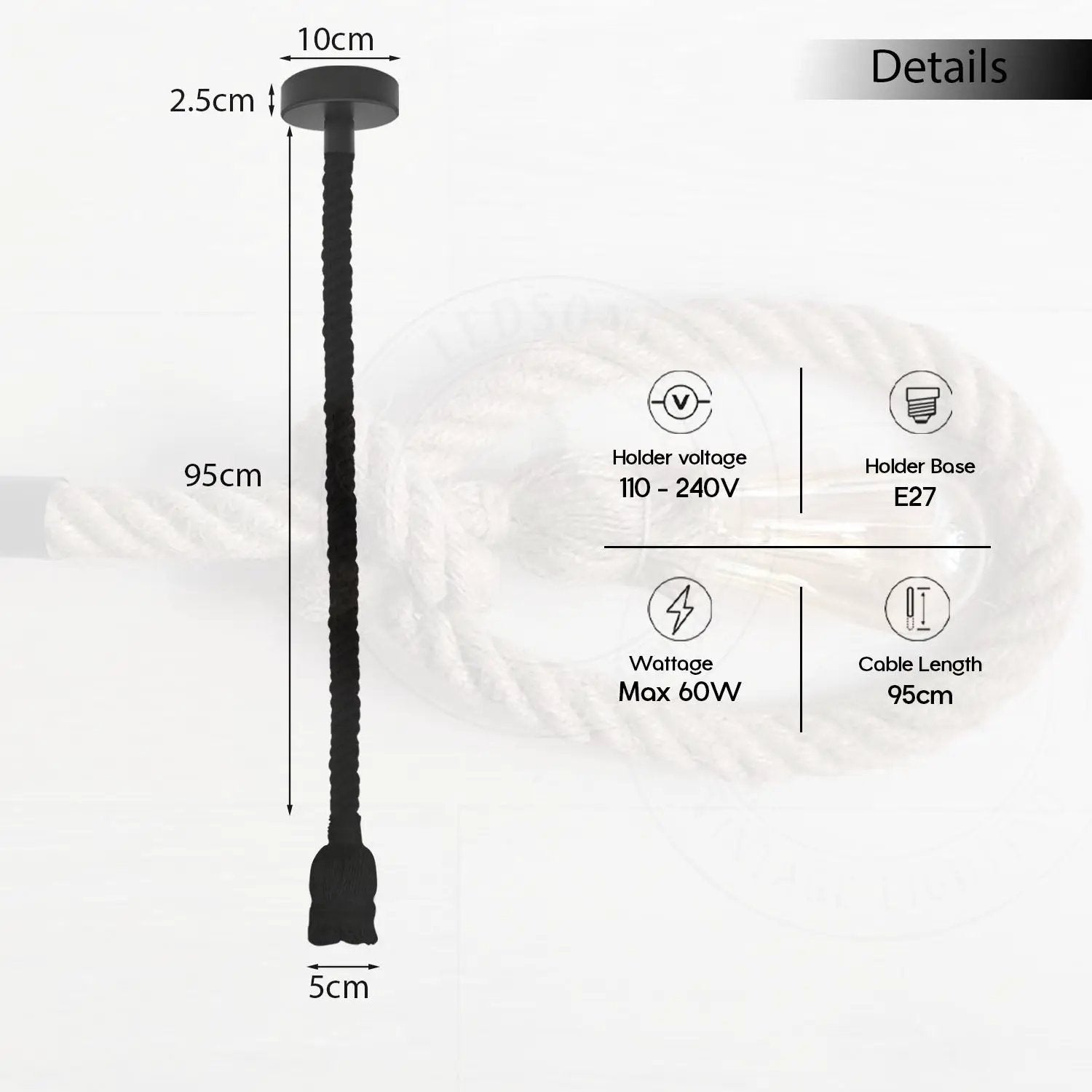 LEDSONE Vintage Ceiling Pendant Light 1m Lamp Hemp Rope Hanging Lamp Lights Metal E27 - Pendant Lights