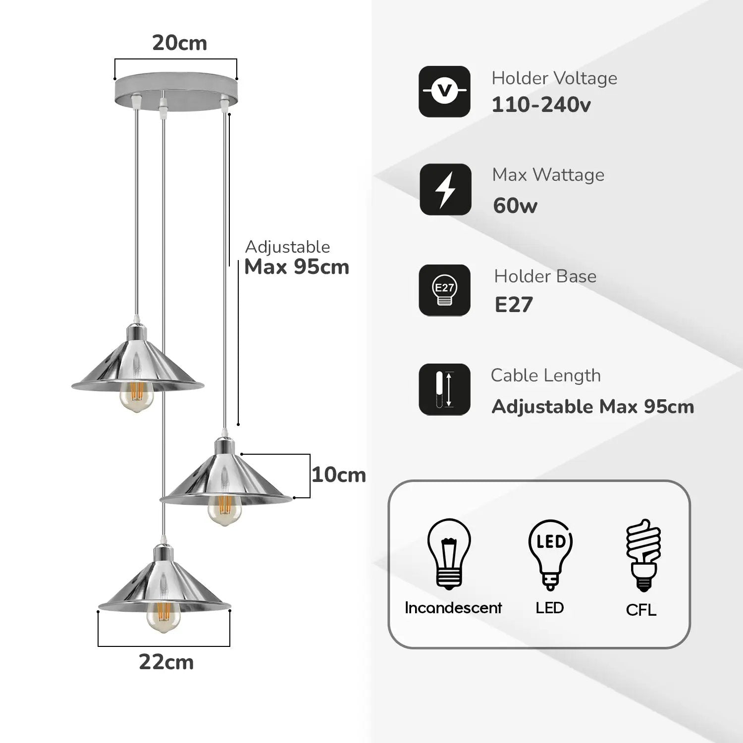 LEDSONe 3 Head Round Base Industrial Vintage Ceiling Pendant Light Shade Hanging Lamp Light - Pendant Lights