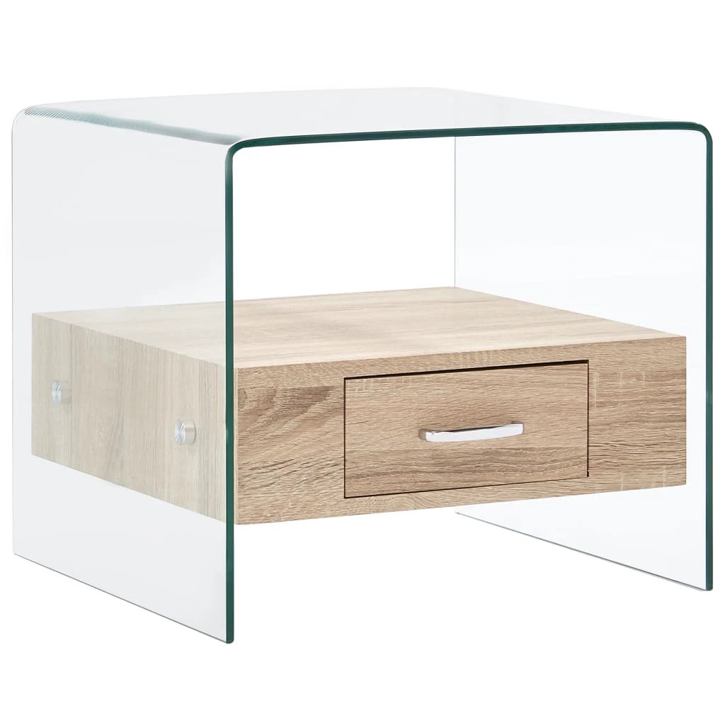 VidaXL Coffee Table 50x50x45 cm Tempered Glass With Wood Drawer For Living Room Decor by vidaXL