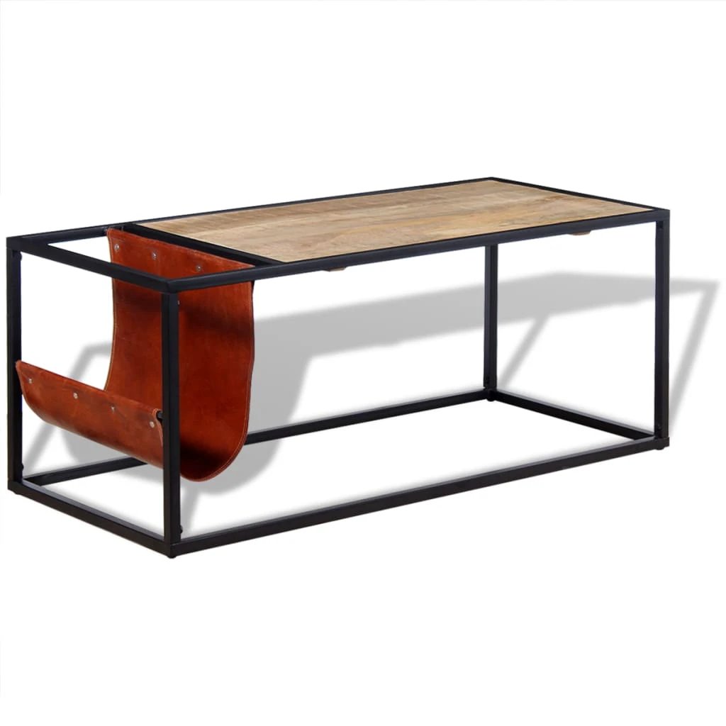 vidaXL VidaXL Coffee Table 110x50x45 cm With Genuine Leather Magazine Holder Industrial Living Room Decor - Coffee Table