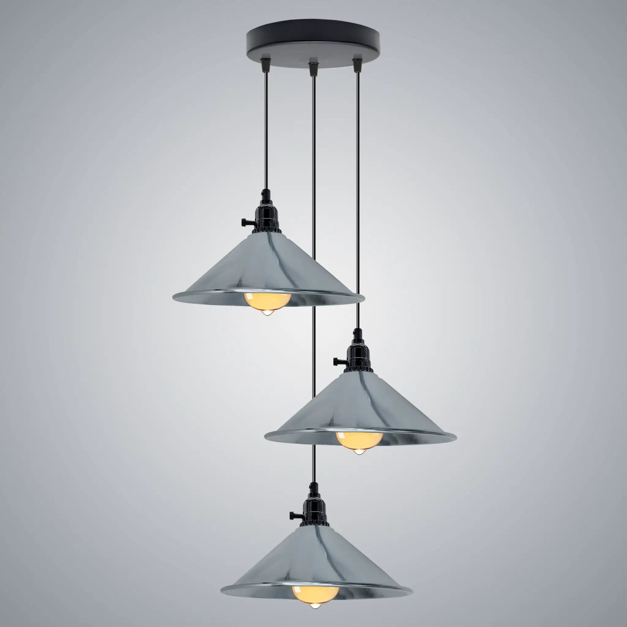 LEDSONE Industrial 3 Head Cluster Ceiling Pendant Light with Adjustable Cord E27 Base,Metal Light Fitting, Cone Shaped Light - Pendant Lights