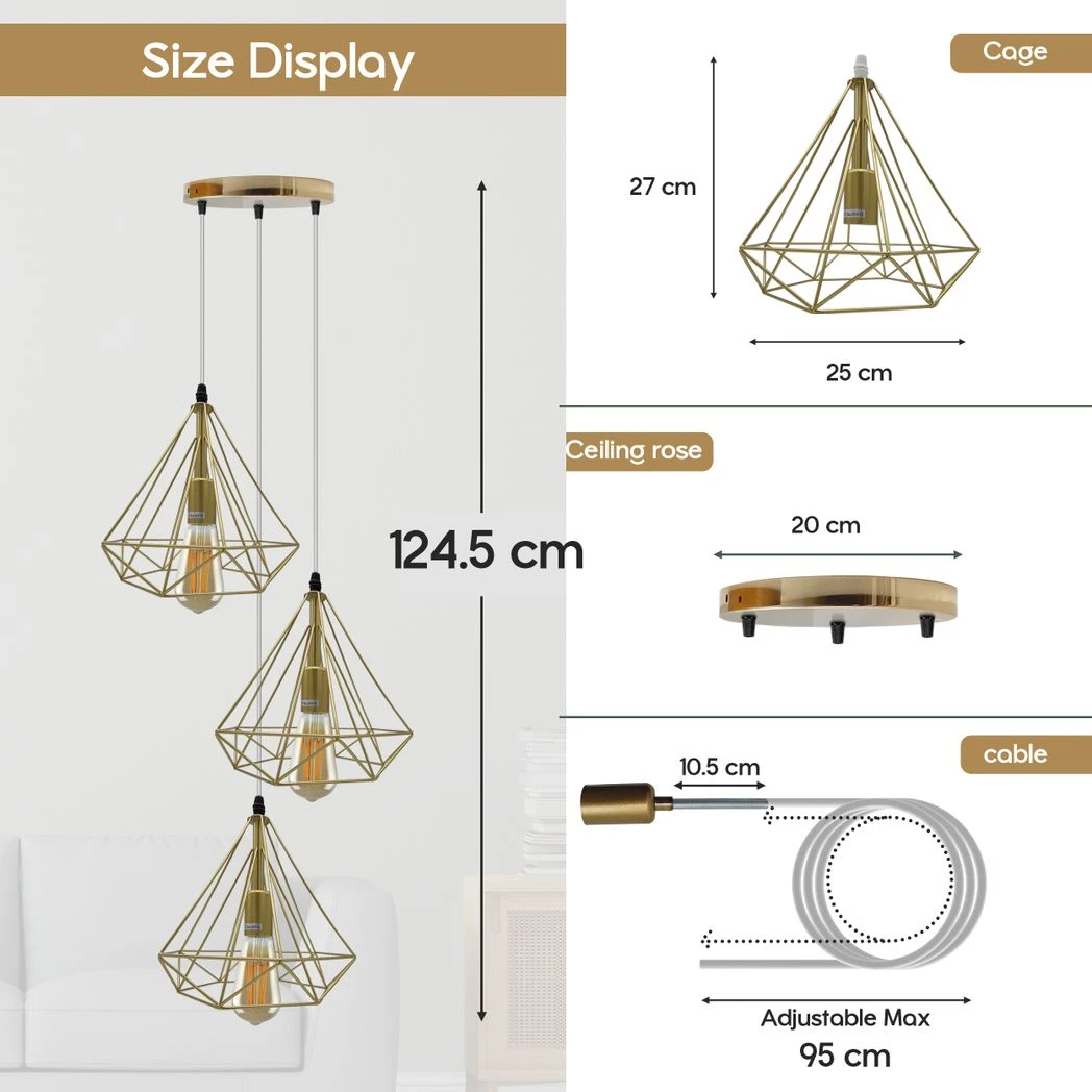 Un-branded Gold Vintage Industrial Pendant Light Triple Cage E27 Geometric Wire Finish for Home Decor - Ceiling Lights