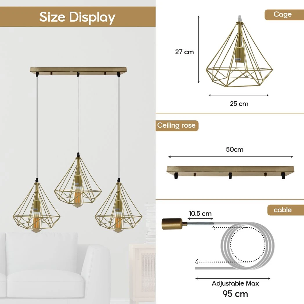 Un-branded Gold Vintage Industrial Pendant Light Triple Cage E27 Geometric Wire Finish for Home Decor - Ceiling Lights