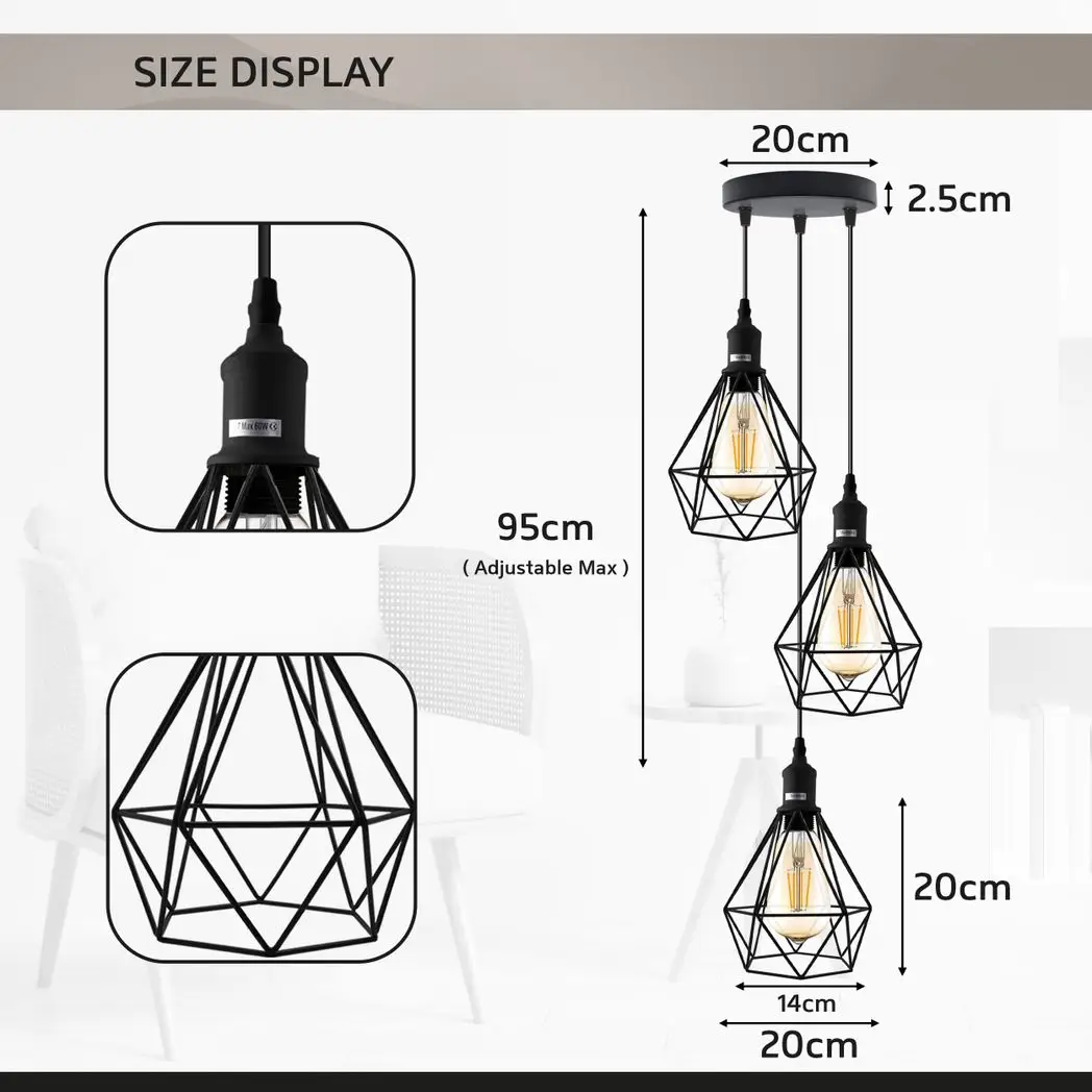 Un-branded 3 Head pendant Industrial Ceiling Light Fitting, Metal Vintage Lamp shade - Pendant Lights