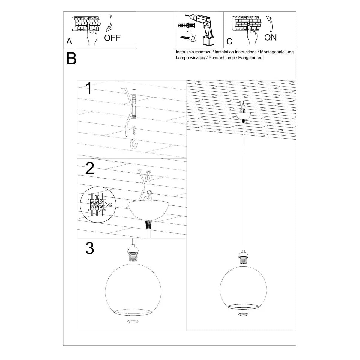 Sollux Lighting Pendant lamp steel, glass Ball minimalistic Design E27 - Pendant Lights