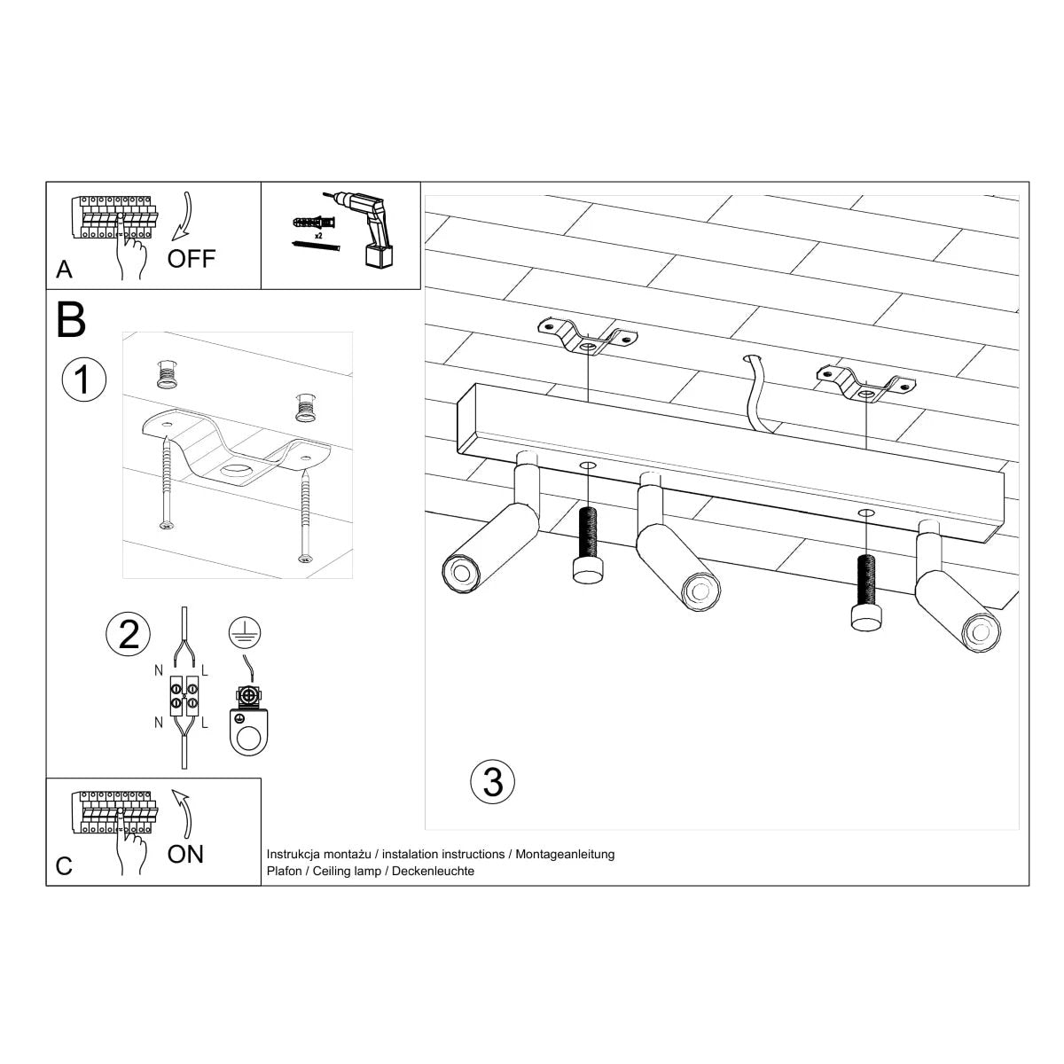 Sollux Lighting Eyetech Ceiling Lamp 35x3x20cm Black Steel Three Adjustable Heads Hallway Lighting - Ceiling Lights