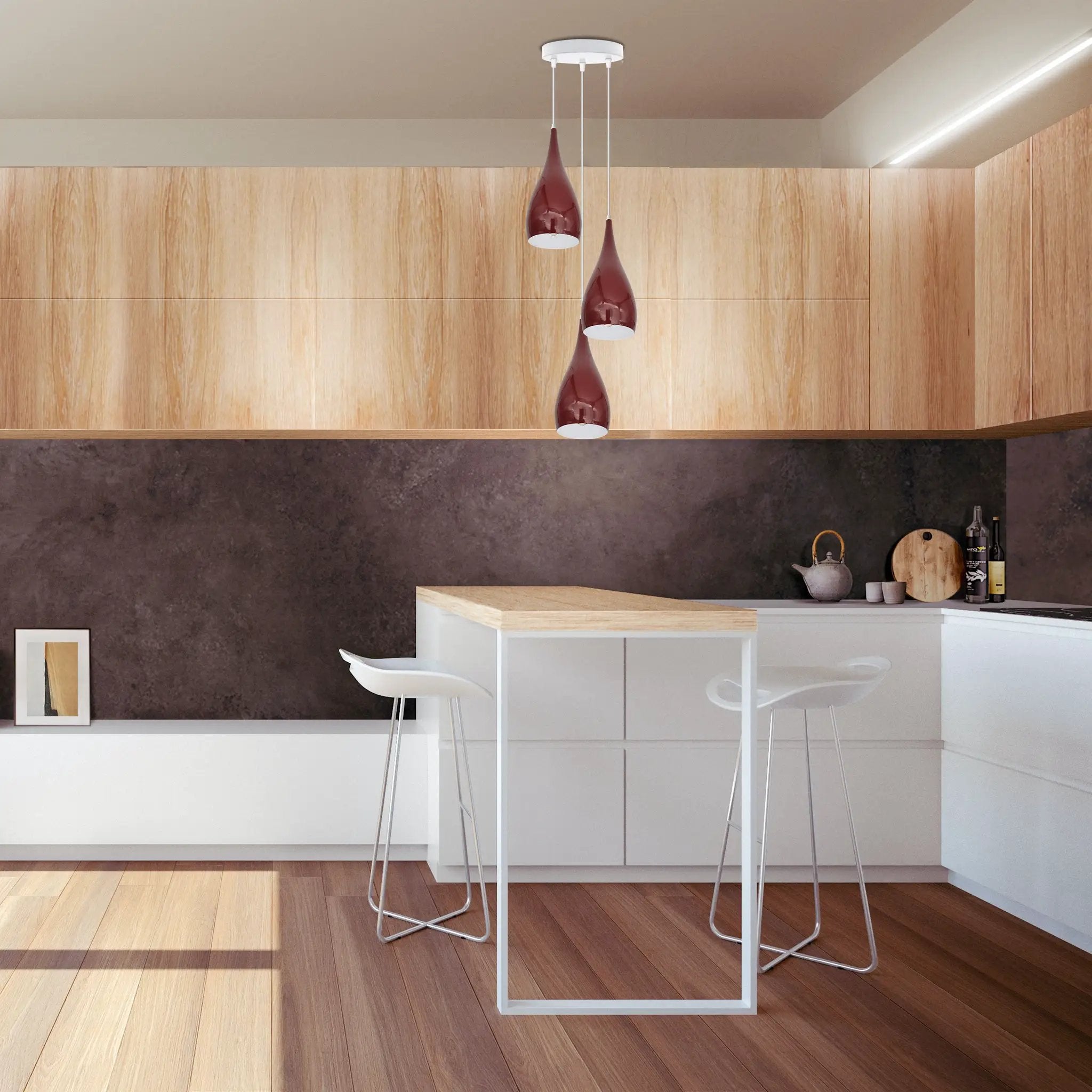 LEDSONE 3 Head Modern Industrial Metal E27 Burgundy Teardrop Pendant Light Hanging Light Fixture - Pendant Lights