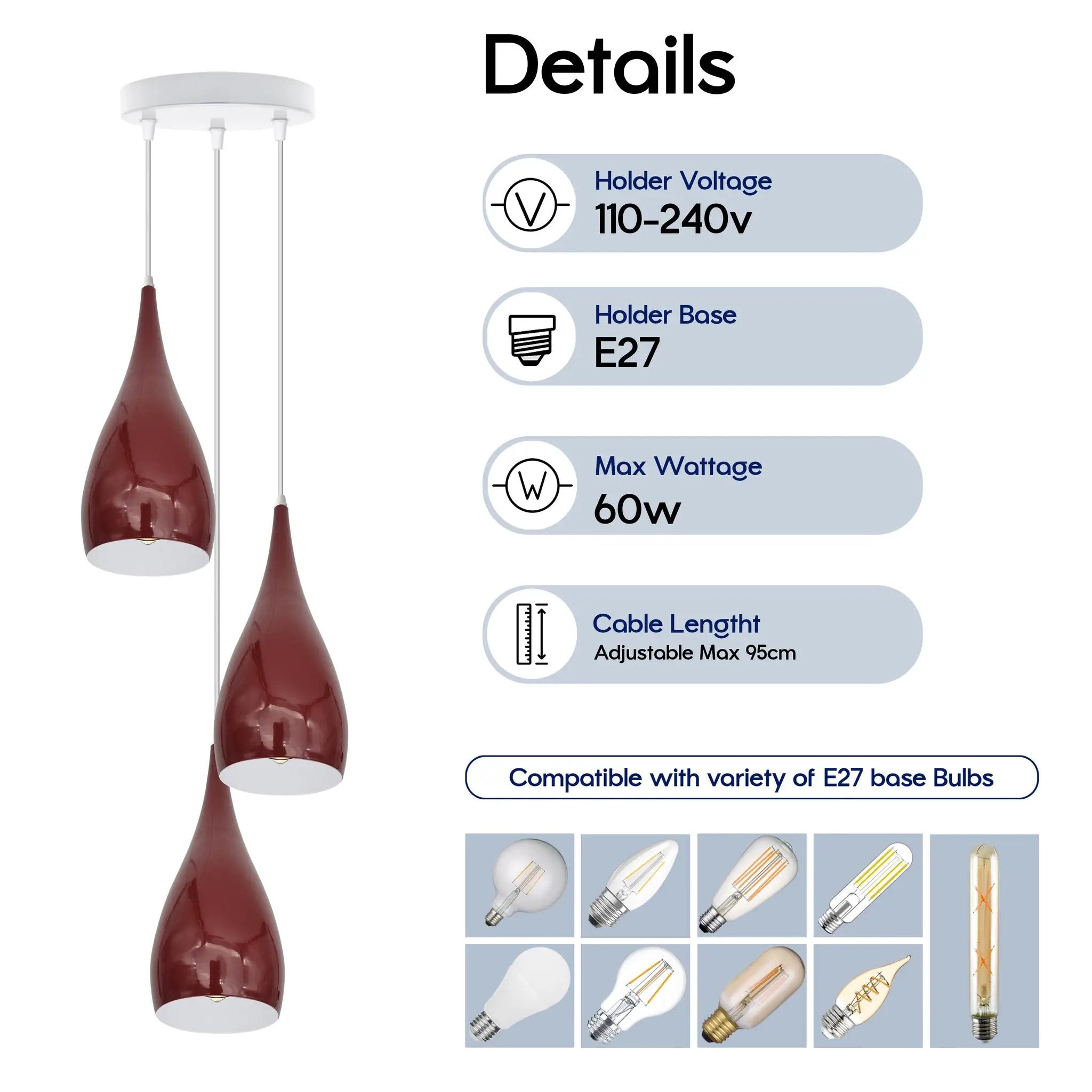 LEDSONE 3 Head Modern Industrial Metal E27 Burgundy Teardrop Pendant Light Hanging Light Fixture - Pendant Lights