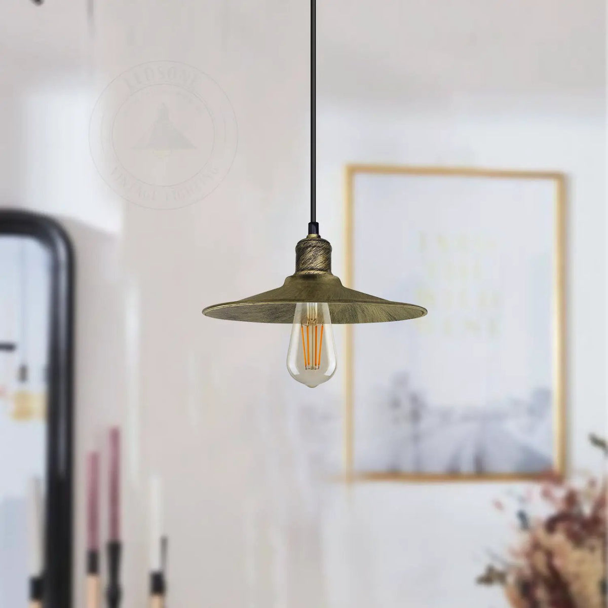 LEDSONE Vintage Industrial Brushed Brass Ceiling Pendant Light Adjustable Cord E27 Base Hand Brushed Finished Flat Cone Shaped - Pendant Lights