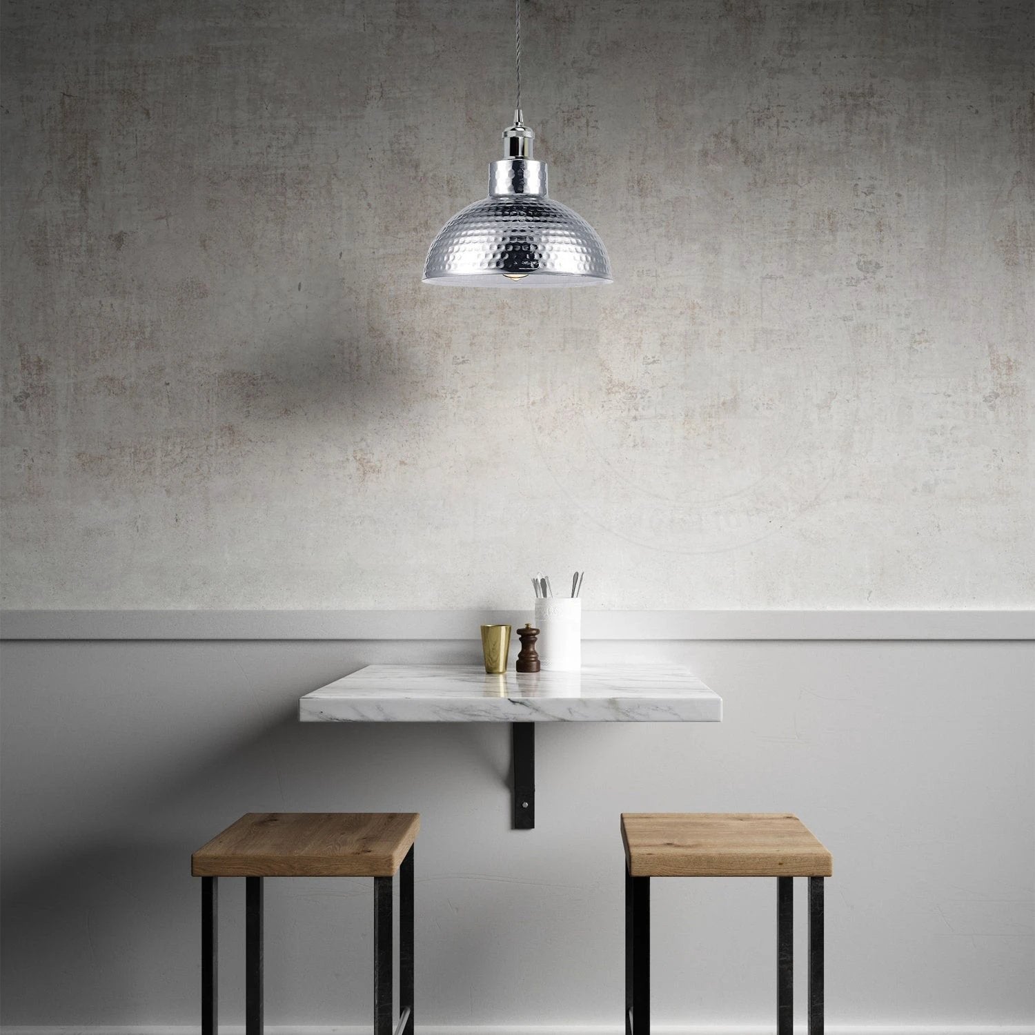 LEDSONE Vintage Industrial Chrome Ceiling Pendant Light Eight Inch Diameter Hammered Metal Shade Living Room - Ceiling Lights