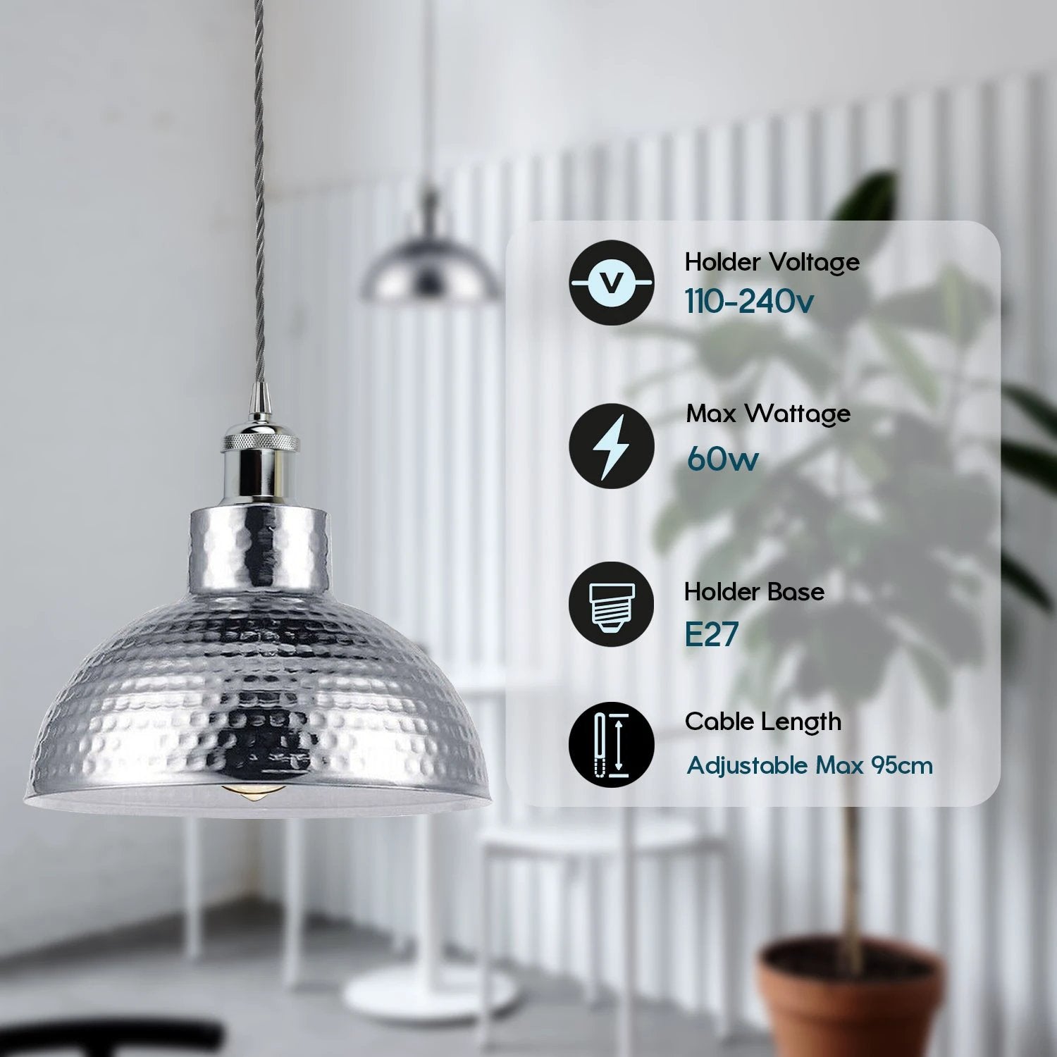LEDSONE Vintage Industrial Chrome Ceiling Pendant Light Eight Inch Diameter Hammered Metal Shade Living Room - Ceiling Lights