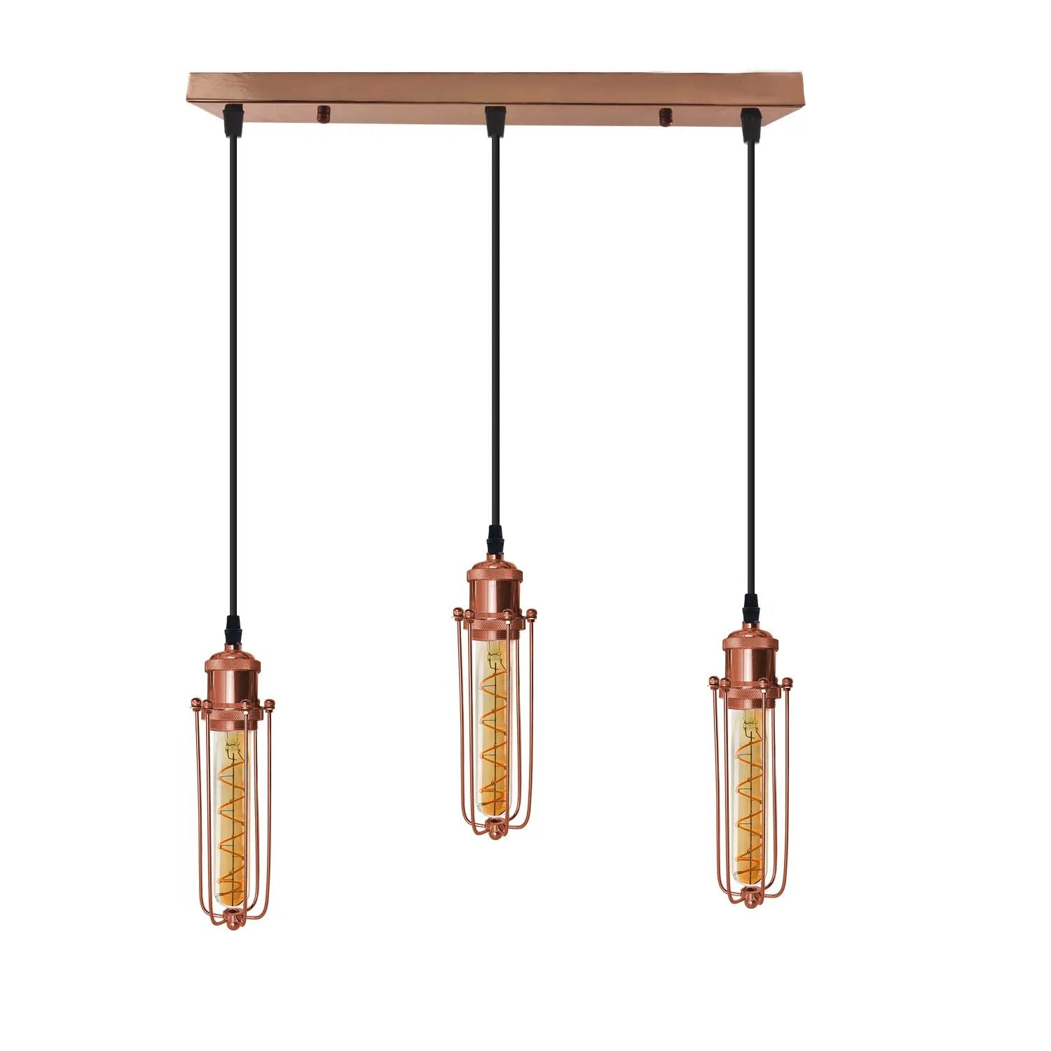 LEDSONE 3 Head Rectangle Rose Gold Ceiling E27 Pendant Light with Wire Cage, Industrial Vintage Hanging Lamp Fixture - Pendant Lights