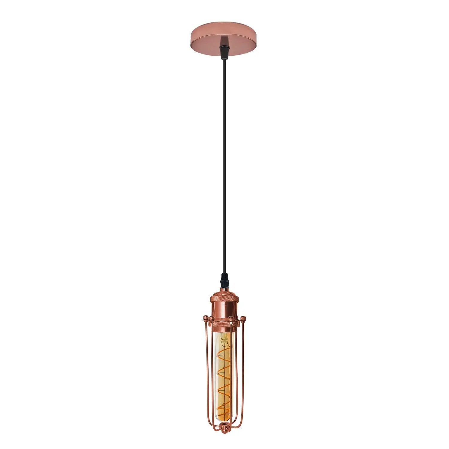 LEDSONE Single Rose Gold Ceiling E27 Pendant Light with Wire Cage, Industrial Vintage Hanging Lamp Fixture - Pendant Lights