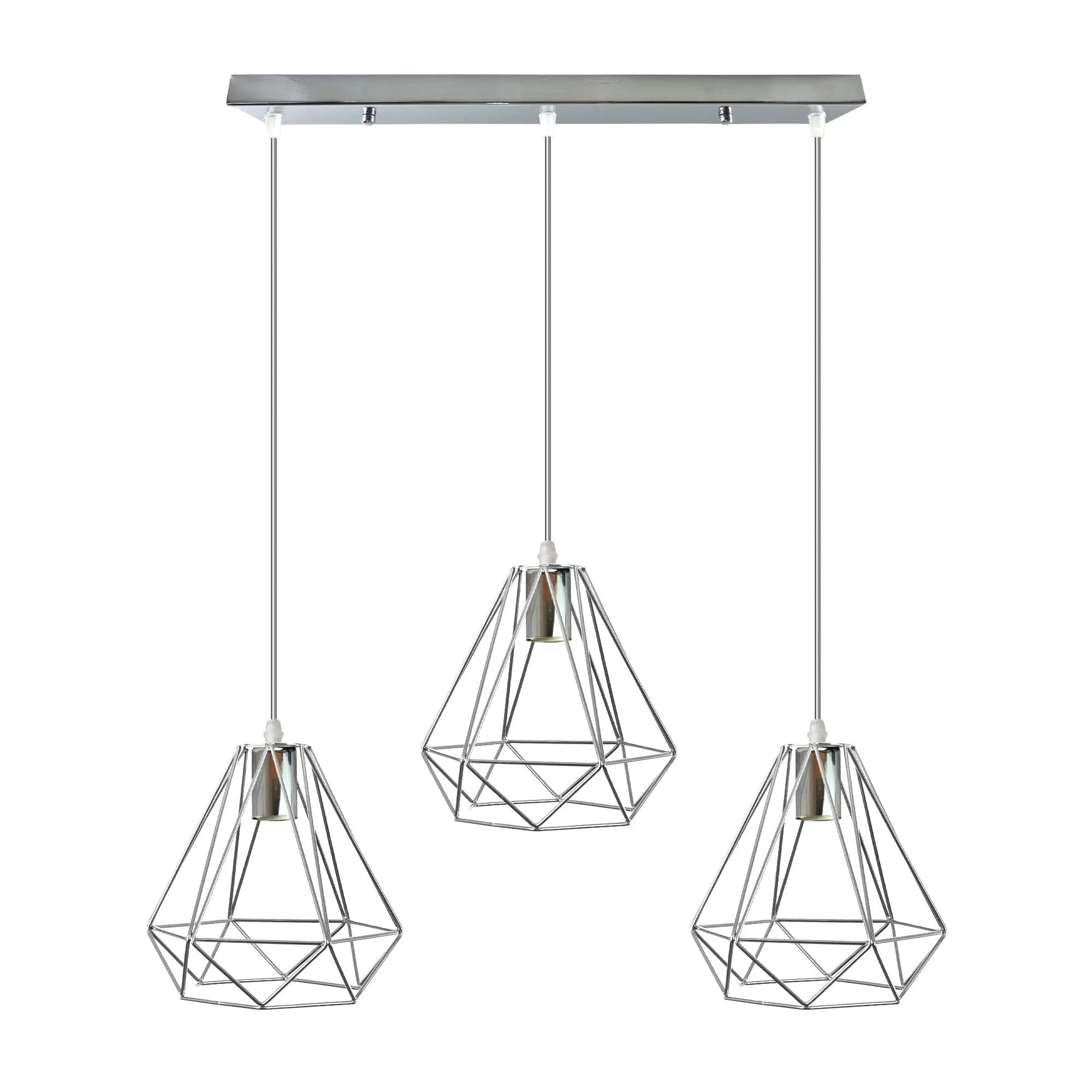 LEDSONE 3 Head Rectangle Base Chrome Vintage Metal 20cm Diamond Wire Cage E27 Base Ceiling Pendant Light - Pendant Lights