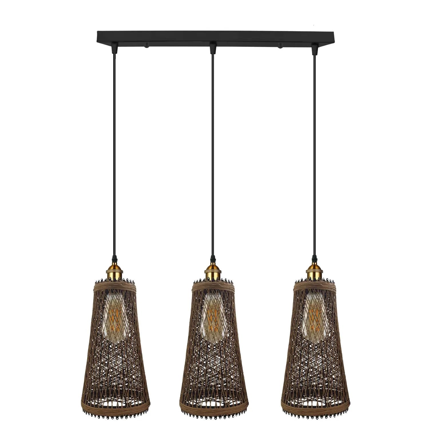 LEDSONE 3 Head Natural Wicker Basket Style Retro Industrial Vintage Rattan Ceiling Pendant - Pendant Lights