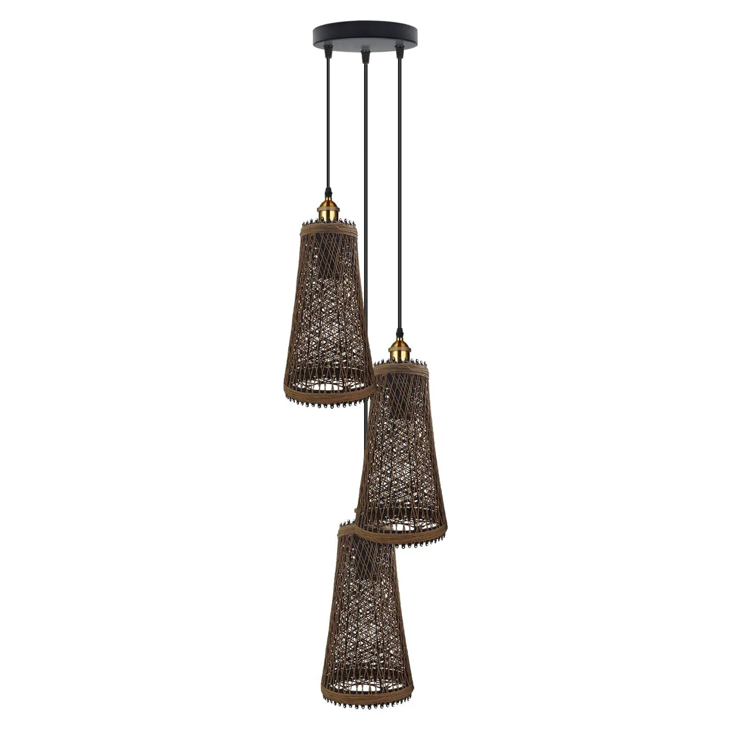 LEDSONE 3 Head Natural Wicker Basket Style Retro Industrial Vintage Rattan Ceiling Pendant - Pendant Lights