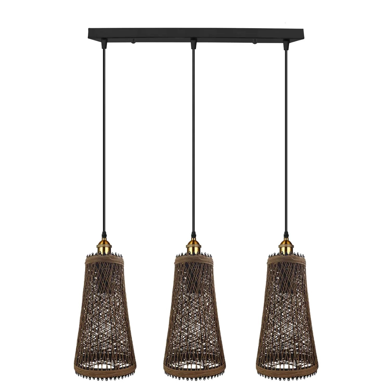 Dining Room Rattan Pendant Light - 3-Head Wicker Basket Style (Adjustable)