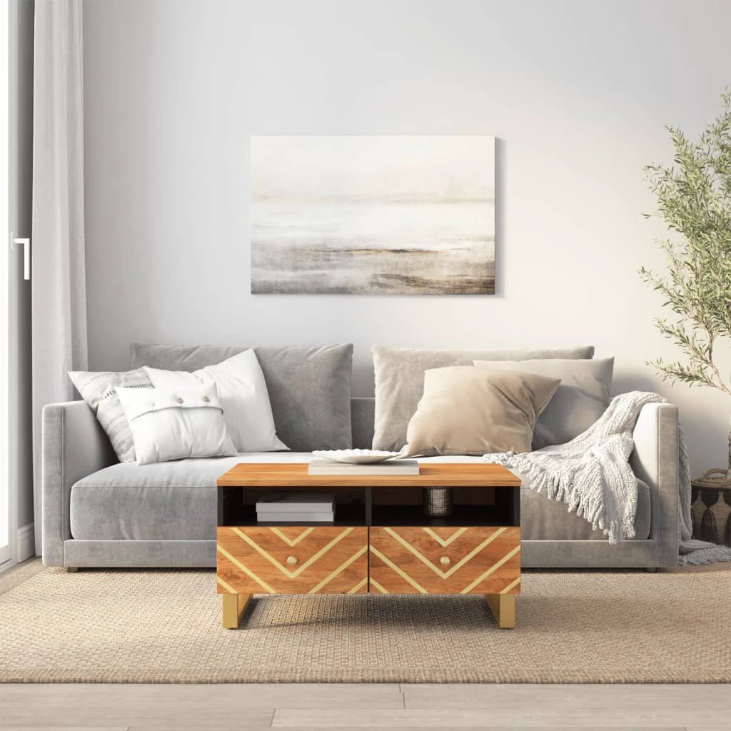 VidaXL Coffee Table 80x54x40 Cm Solid Mango Wood Chevron Pattern Drawers Living Room by vidaXL