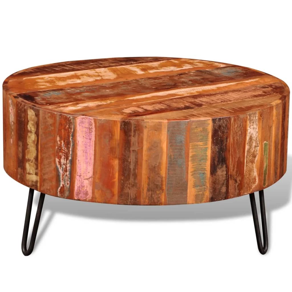 VidaXL Round Reclaimed Wood Coffee Table With Solid Top And Iron Hairpin Legs For Living Rooms by vidaXL