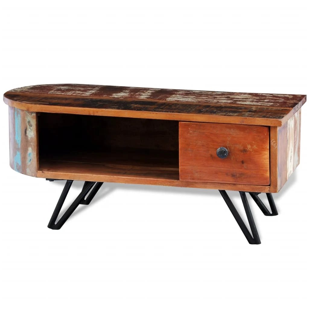 vidaXL vidaXL Coffee Table Solid Reclaimed Wood with Iron Pin Legs Drawer for Living Room - Coffee Table
