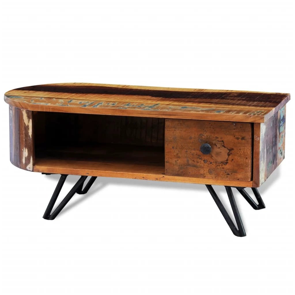 vidaXL vidaXL Coffee Table Solid Reclaimed Wood with Iron Pin Legs Drawer for Living Room - Coffee Table