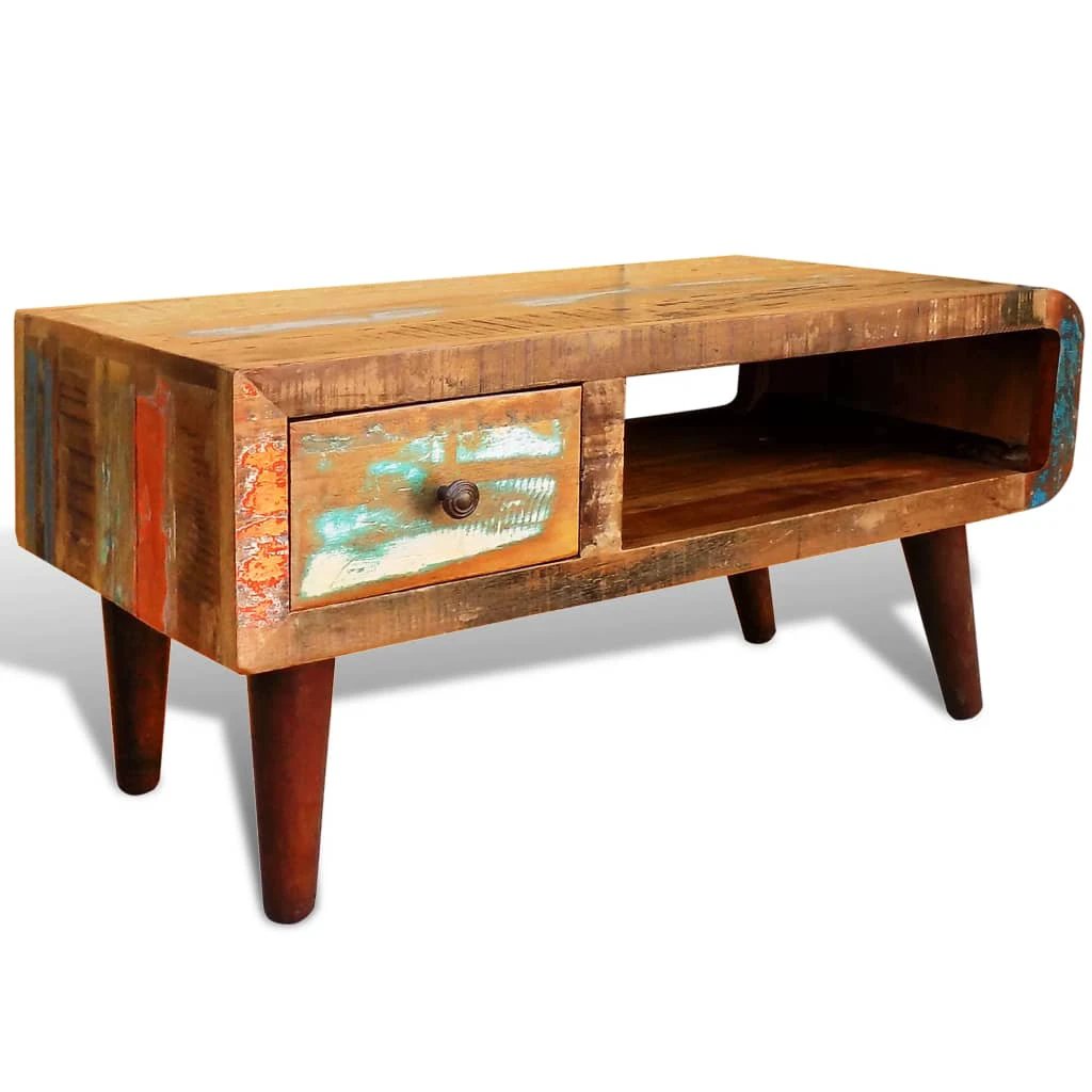 vidaXL VidaXL Coffee Table Reclaimed Wood With Curved Edge And 1 Drawer Antique Style Finish For Living Room - Coffee Table