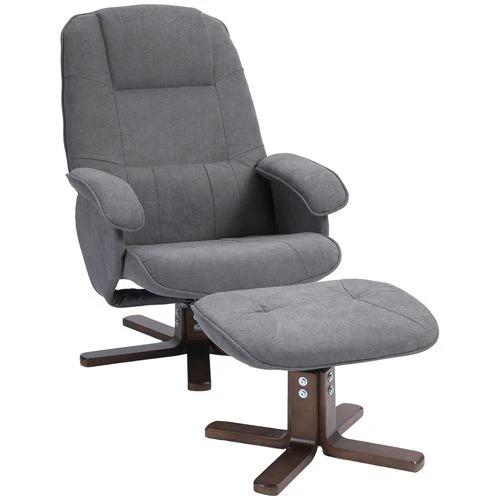 HOMCOM Swivel Recliner Chair and Footstool Linen-touch Fabric Wooden Base, Grey by HOMCOM