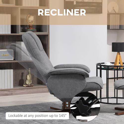 HOMCOM Swivel Recliner Chair and Footstool Linen-touch Fabric Wooden Base, Grey by HOMCOM