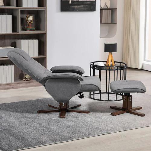 HOMCOM Swivel Recliner Chair and Footstool Linen-touch Fabric Wooden Base, Grey by HOMCOM