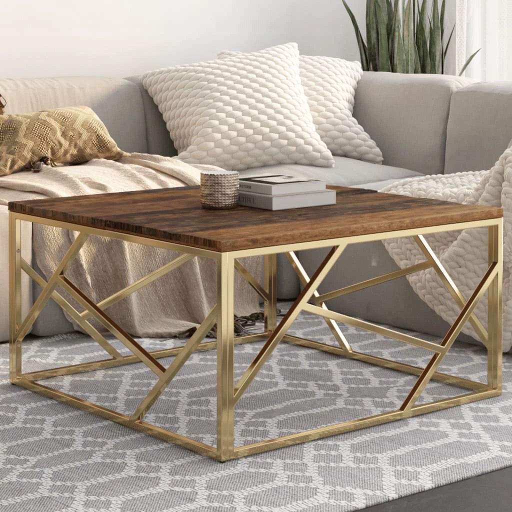 vidaXL VidaXL Coffee Table Standard Gold Stainless Steel Frame Solid Sleeper Wood Top For Living Room - Coffee Table
