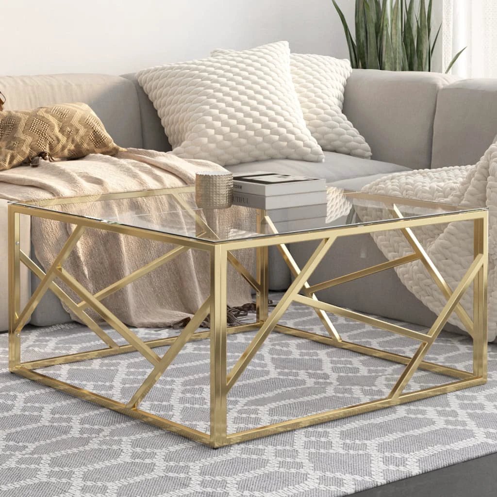 VidaXL Coffee Table Gold Stainless Steel Tempered Glass Top Geometric Frame For Living Room Decor by vidaXL