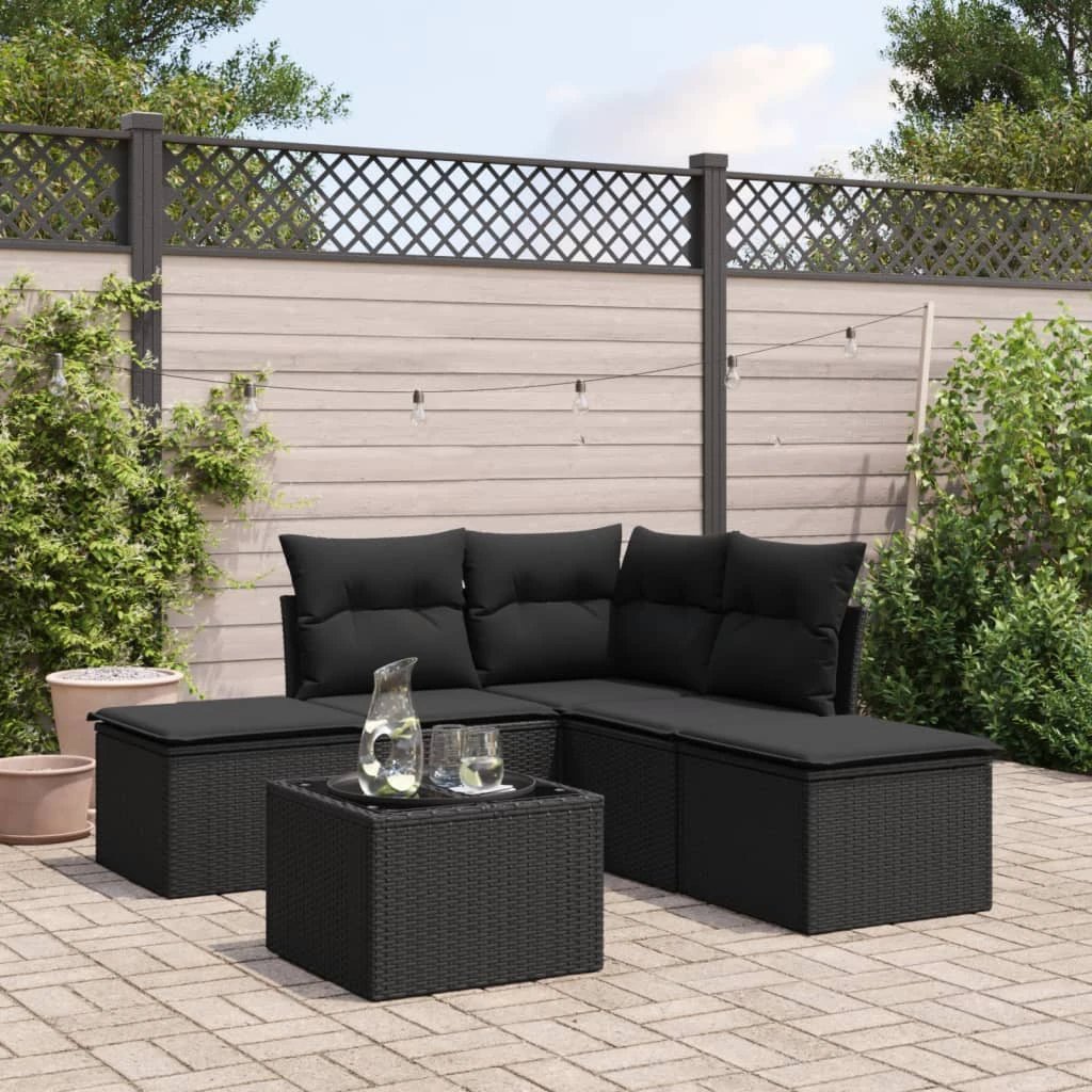 vidaXL 5 Piece Garden Sofa Set with Cushions Black Poly Rattan by vidaXL
