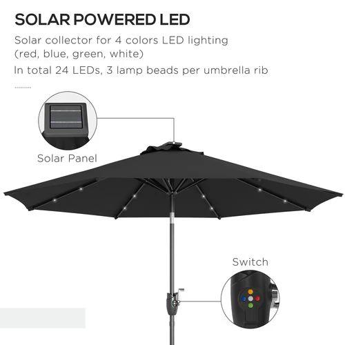 Outsunny Garden Parasol Outdoor Tilt Sun Umbrella LED Light Hand Crank Black by Outsunny